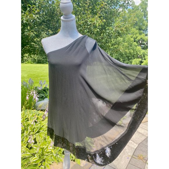 JB by Julie Brown Silk and Sequin Black One Shoulder Cape Dress Size 0 - Picture 3 of 15